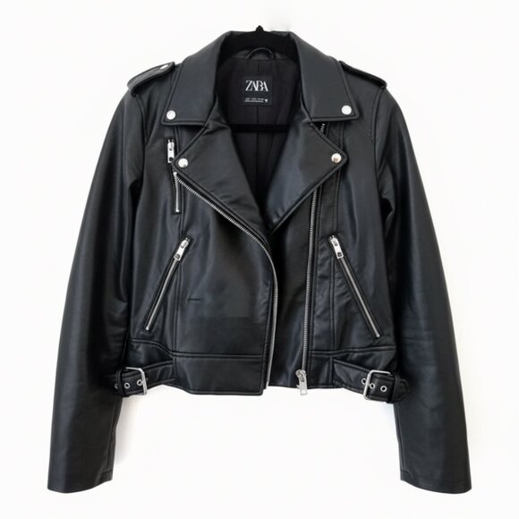 ZARA Faux Leather Biker Jacket Womens (M) Black Moto Style NWOT - Picture 2 of 7